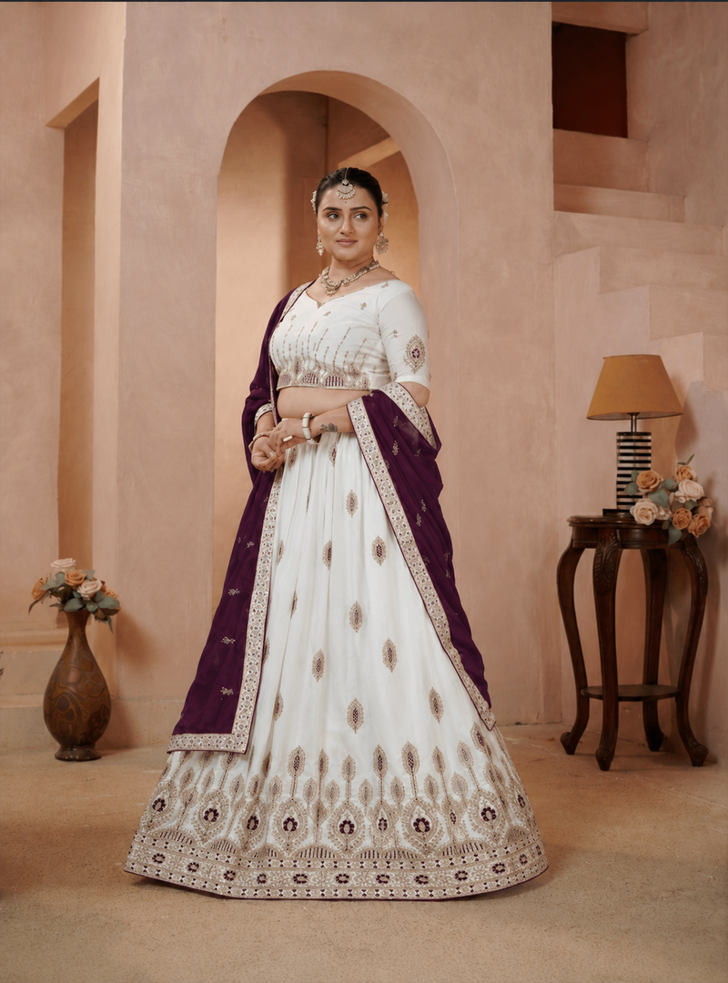 White Vichitra Embroidered Elegant Lehenga Choli