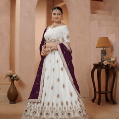 White Vichitra Embroidered Elegant Lehenga Choli
