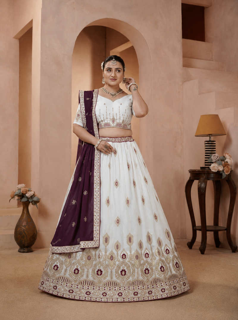 White Vichitra Embroidered Elegant Lehenga Choli