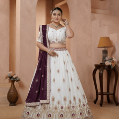White Vichitra Embroidered Elegant Lehenga Choli