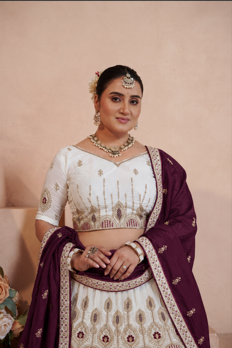 White Vichitra Embroidered Elegant Lehenga Choli