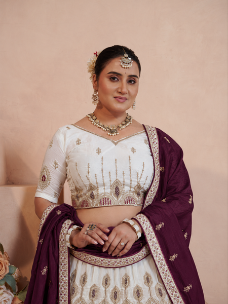 White Vichitra Embroidered Lehenga with Wine Dupatta