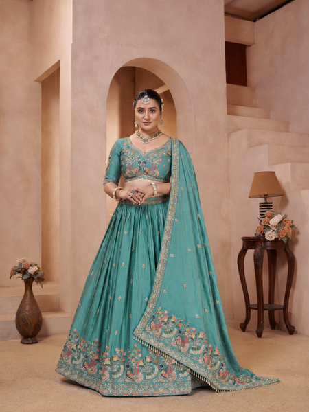 Jade Green Festive Embroidered Silk Lehenga Choli