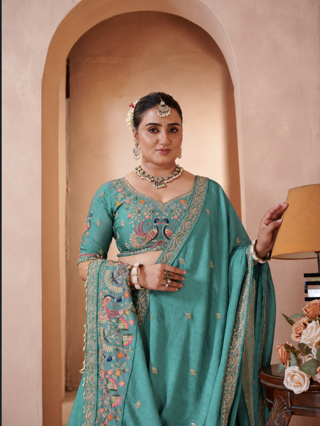 Jade Green Festive Embroidered Silk Lehenga Choli