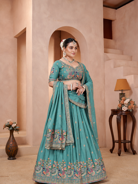 Jade Green Festive Embroidered Silk Lehenga Choli
