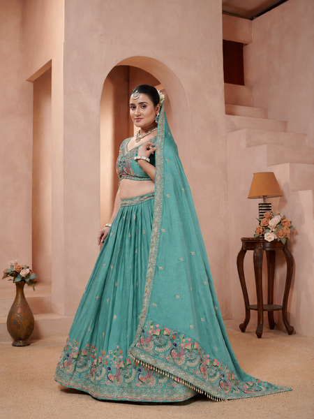 Jade Green Festive Embroidered Silk Lehenga Choli