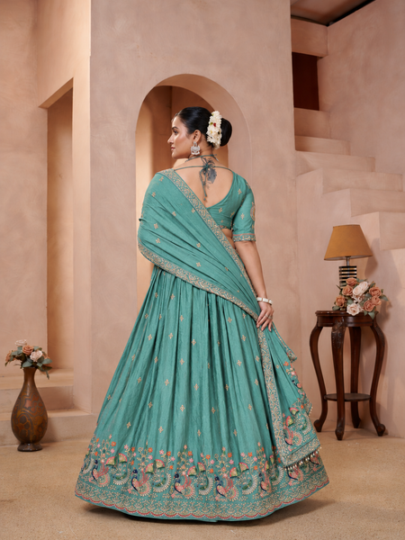 Jade Green Festive Embroidered Silk Lehenga Choli