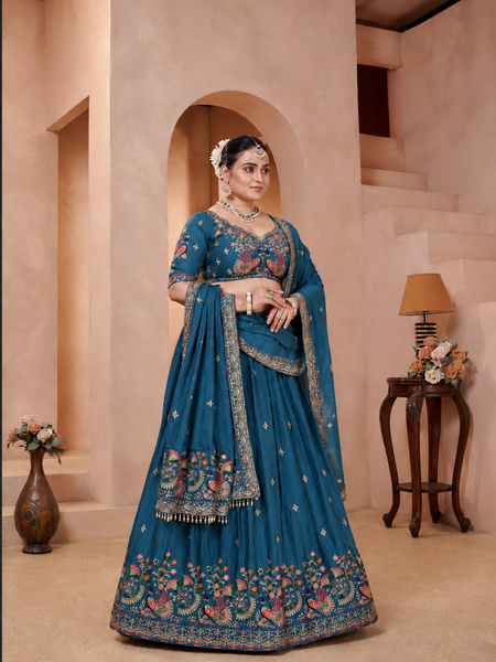 Teal Blue Embroidered Wedding Silk Lehenga Set