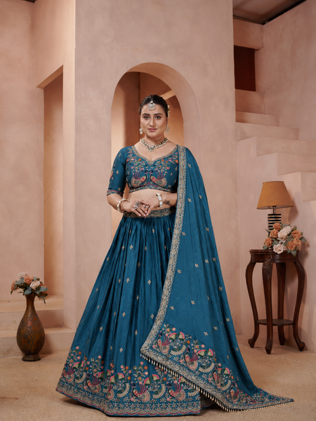 Teal Blue Embroidered Wedding Silk Lehenga Set