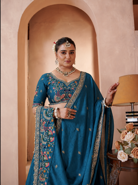 Teal Blue Embroidered Wedding Silk Lehenga Set