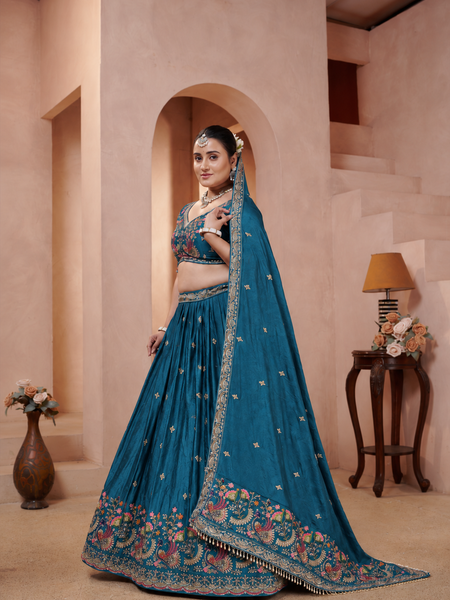 Teal Blue Embroidered Wedding Silk Lehenga Set