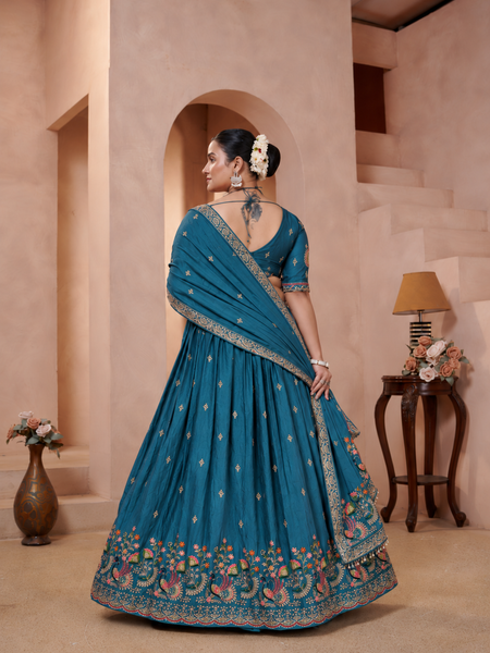 Teal Blue Embroidered Wedding Silk Lehenga Set