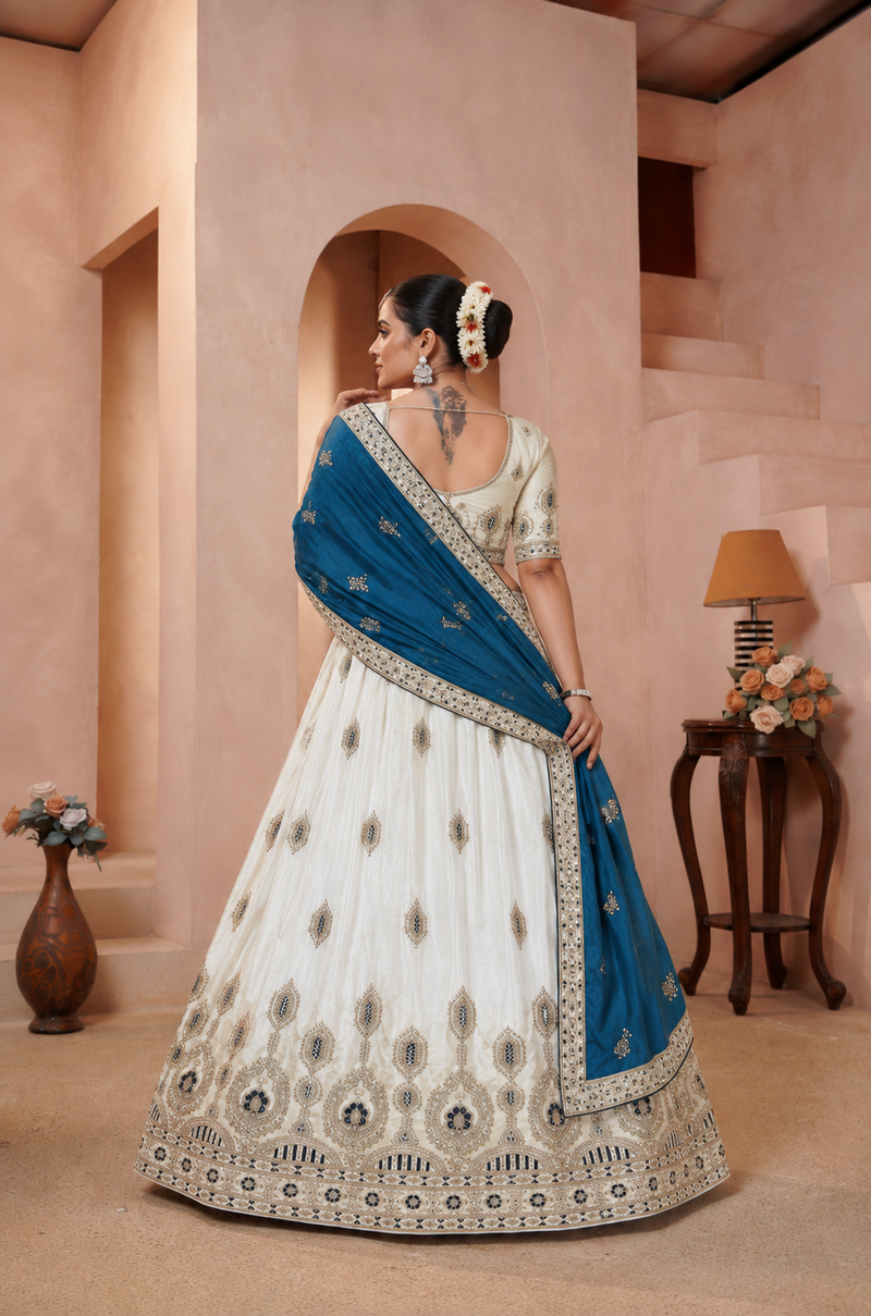White Vichitra Embroidered Elegant Lehenga Choli