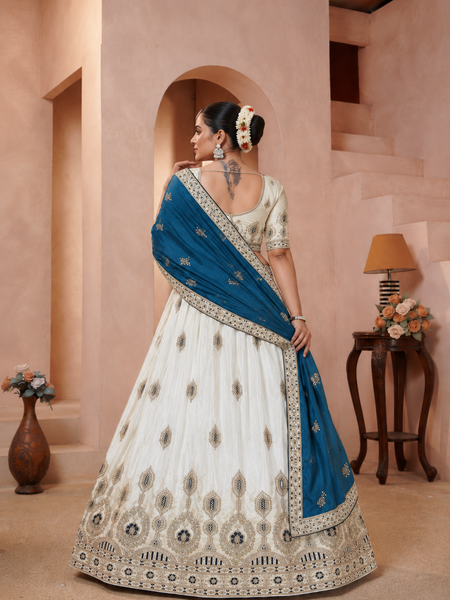 White Vichitra Lehenga Choli with Teal Blue Dupatta