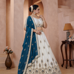 White Vichitra Embroidered Elegant Lehenga Choli