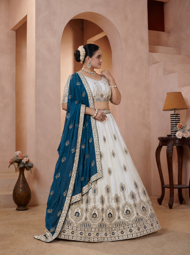 White Vichitra Lehenga Choli with Teal Blue Dupatta