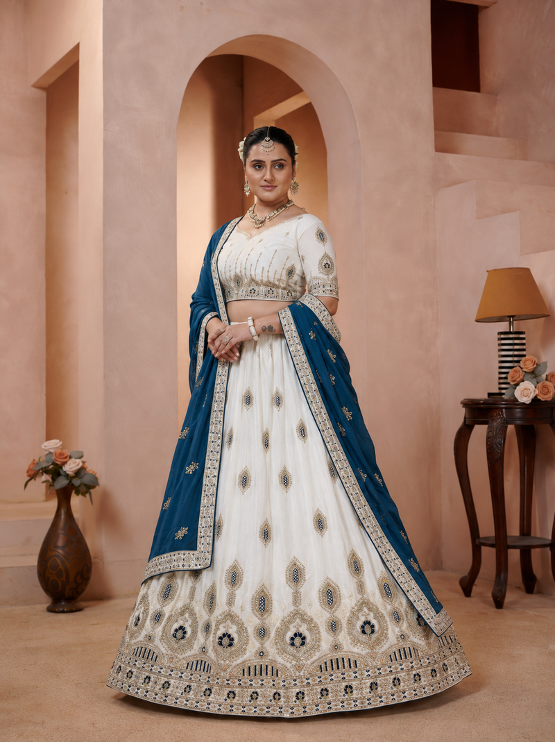 White Vichitra Embroidered Elegant Lehenga Choli