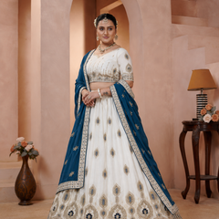 White Vichitra Embroidered Elegant Lehenga Choli