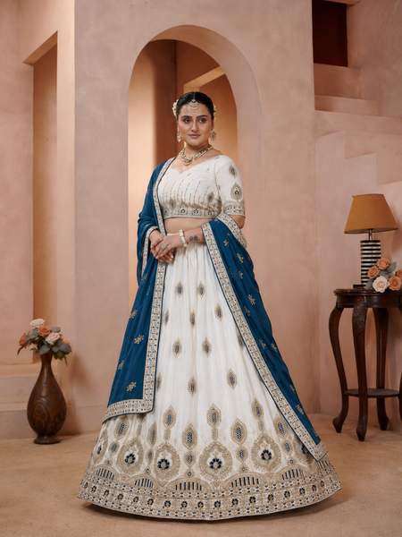 White Vichitra Lehenga Choli with Teal Blue Dupatta