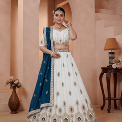 White Vichitra Embroidered Elegant Lehenga Choli