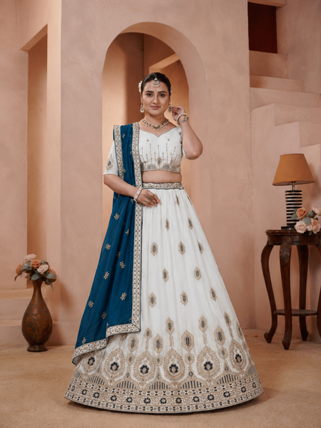 White Vichitra Lehenga Choli with Teal Blue Dupatta