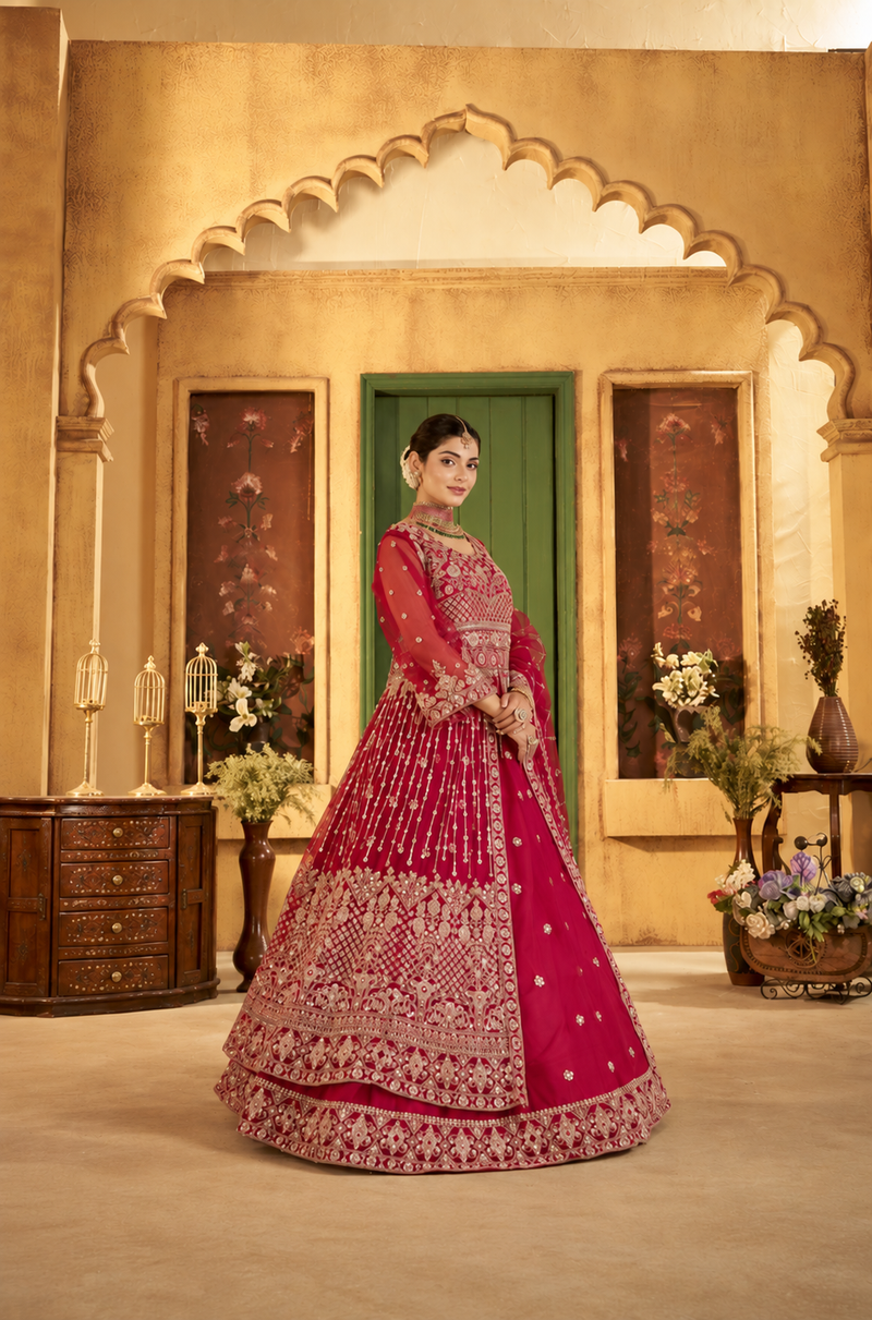 Green Festive Satin Embroidered Lehenga Set