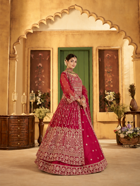 Red Bridal Style Sindoor Satin Embroidered Lehenga Choli