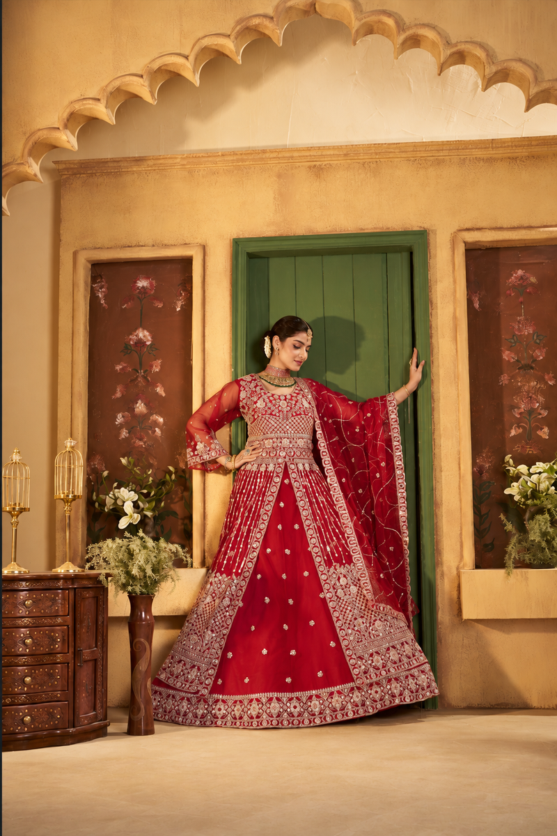 Green Festive Satin Embroidered Lehenga Set