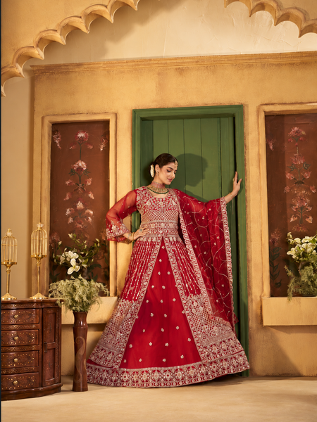 Red Bridal Style Sindoor Satin Embroidered Lehenga Choli