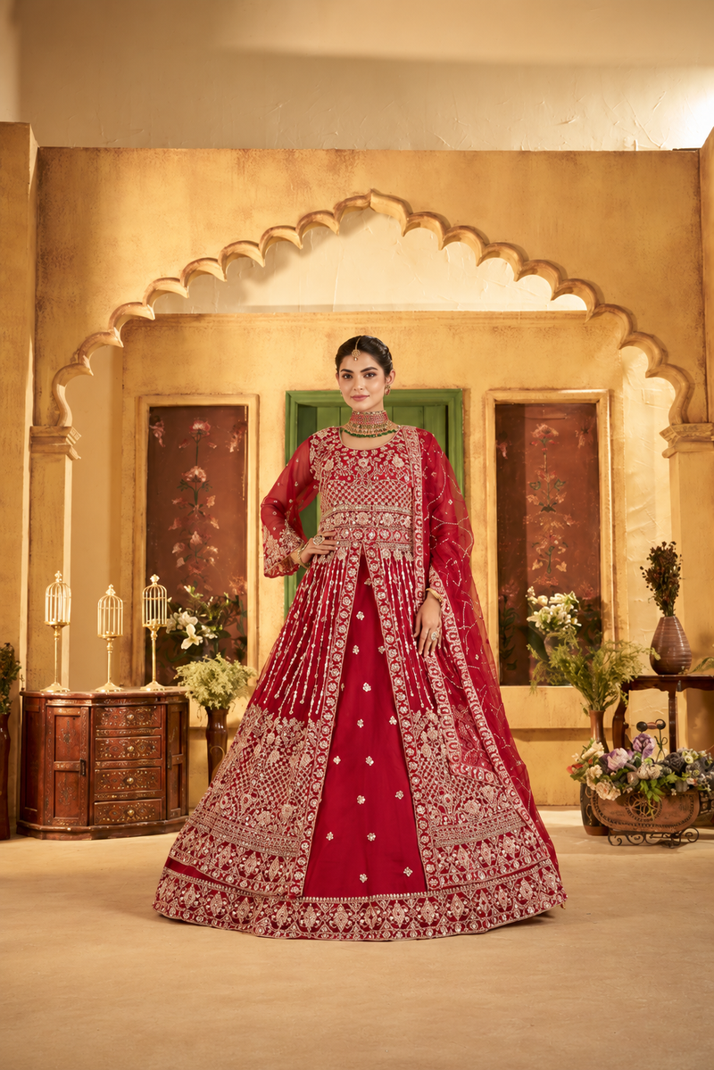 Green Festive Satin Embroidered Lehenga Set