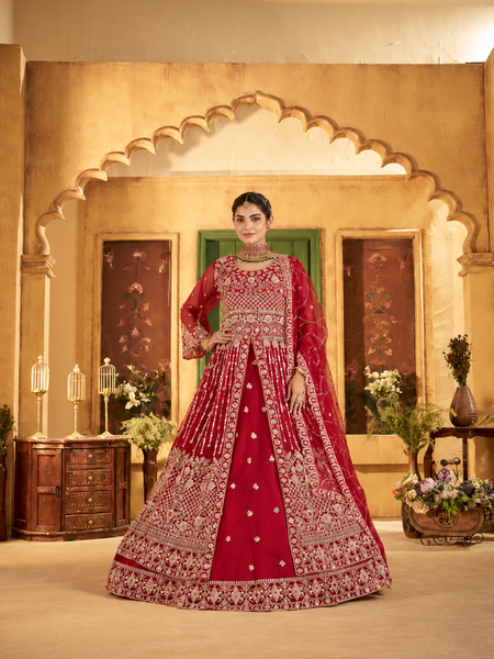 Rani Pink Traditional Sindoor Satin Lehenga Set