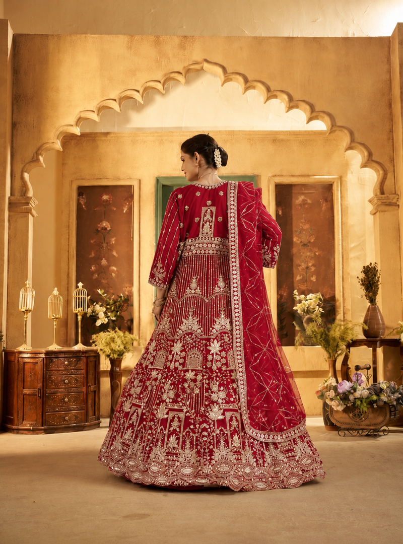Green Festive Satin Embroidered Lehenga Set