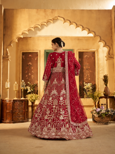 Red Bridal Style Sindoor Satin Embroidered Lehenga Choli