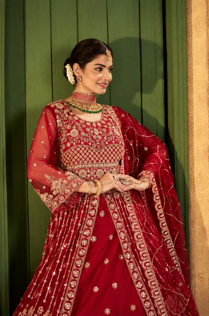 Green Festive Satin Embroidered Lehenga Set
