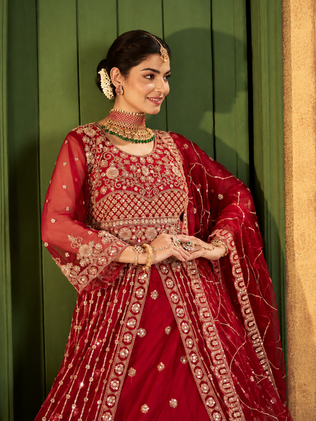 Red Bridal Style Sindoor Satin Embroidered Lehenga Choli