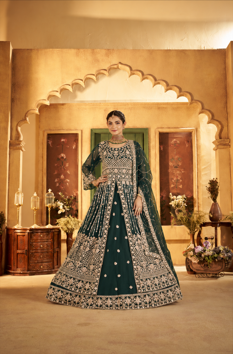 Green Festive Satin Embroidered Lehenga Set