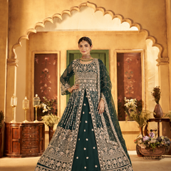 Green Festive Satin Embroidered Lehenga Set