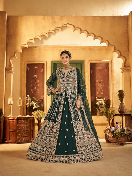 Green Festive Satin Embroidered Lehenga Set