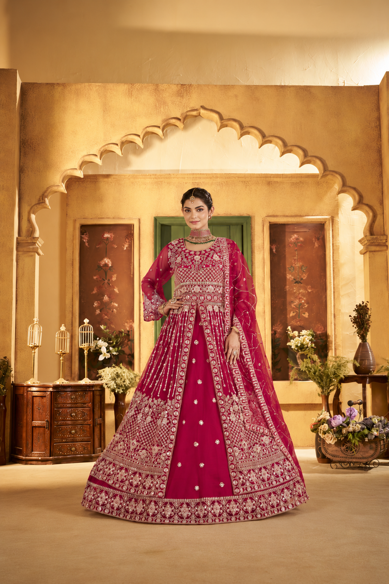 Green Festive Satin Embroidered Lehenga Set