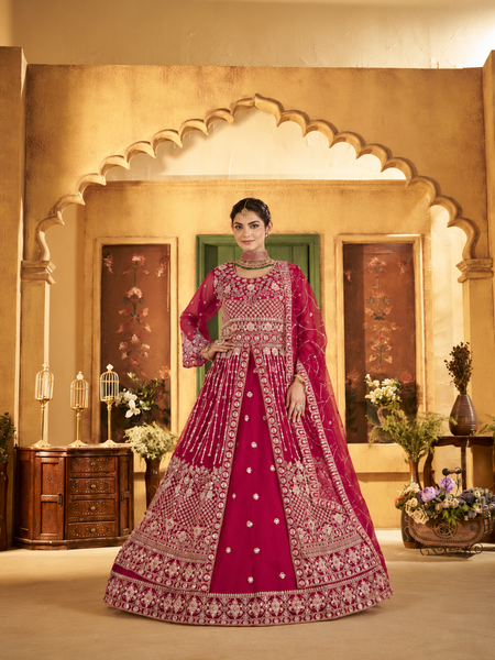 Rani Pink Traditional Sindoor Satin Lehenga Set