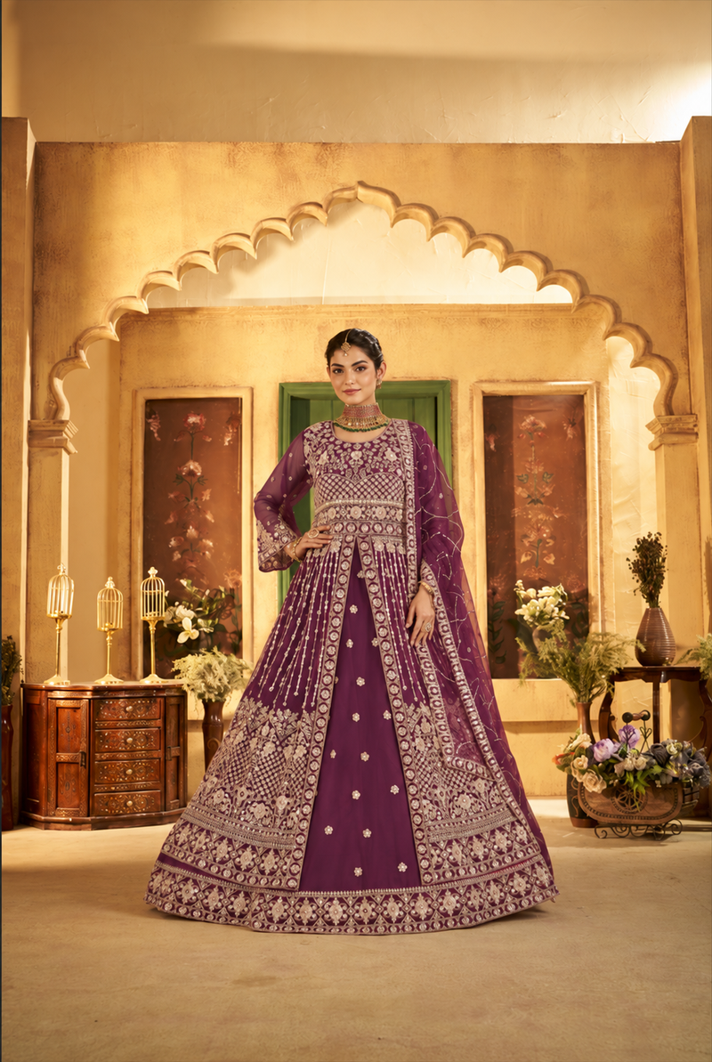 Green Festive Satin Embroidered Lehenga Set