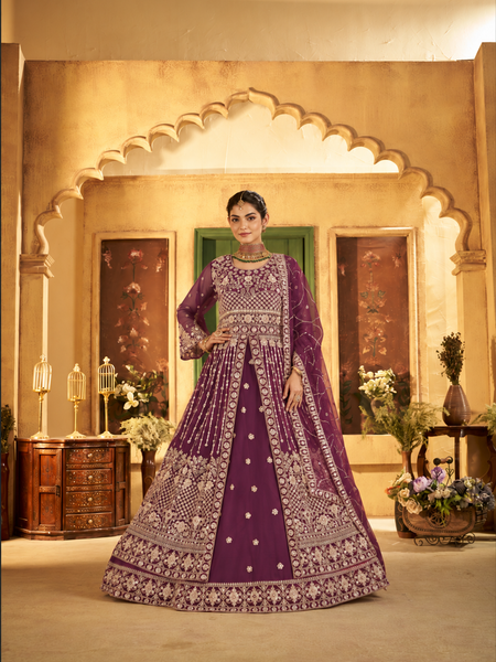Purple Elegant Sindoor Satin Wedding Lehenga