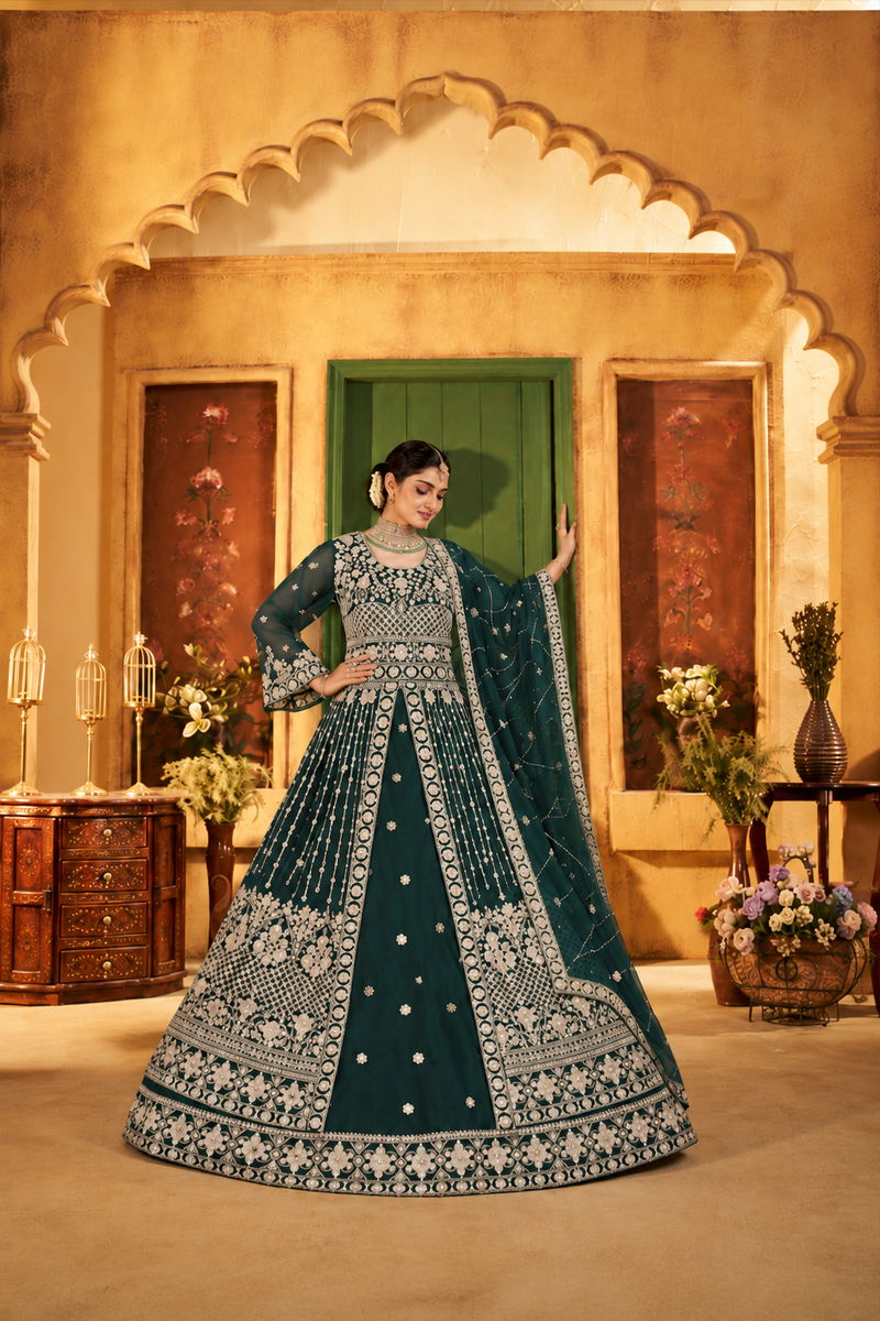 Green Festive Satin Embroidered Lehenga Set