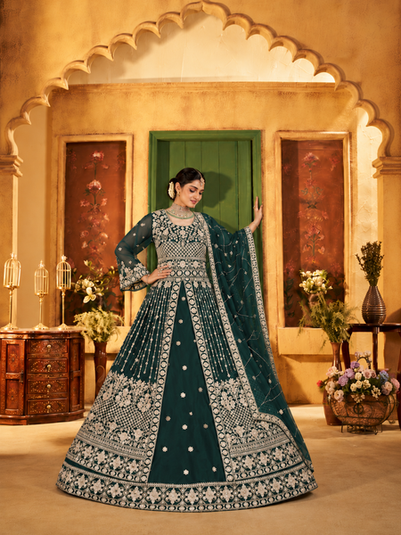 Green Festive Satin Embroidered Lehenga Set