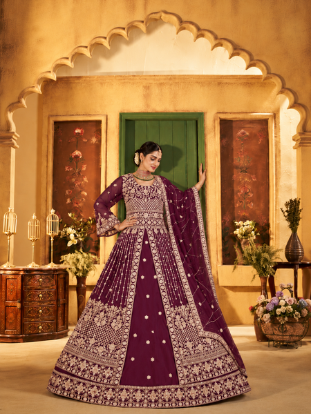 Purple Elegant Sindoor Satin Wedding Lehenga