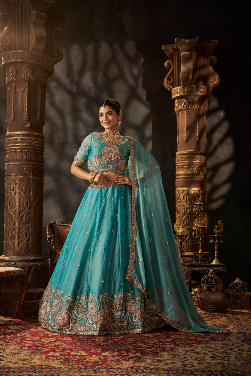 Sea Blue Embroidered Moss Silk Lehenga Choli
