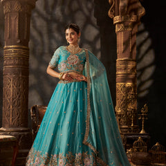 Sea Blue Embroidered Moss Silk Lehenga Choli
