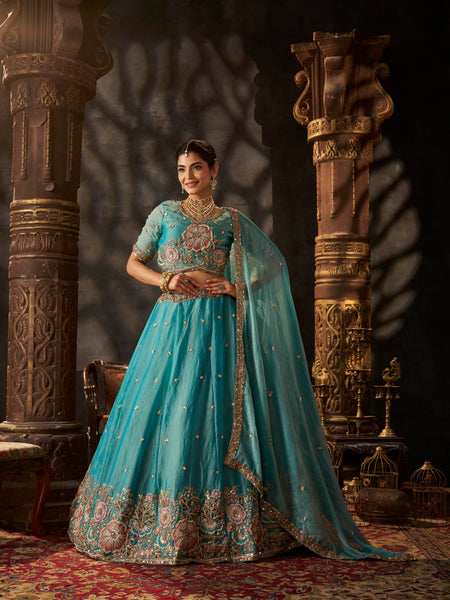 Sea Blue Embroidered Moss Silk Lehenga Choli