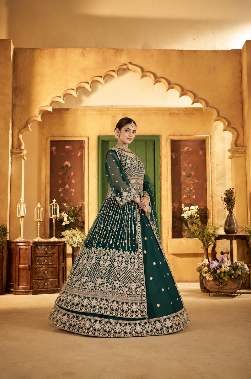 Green Festive Satin Embroidered Lehenga Set