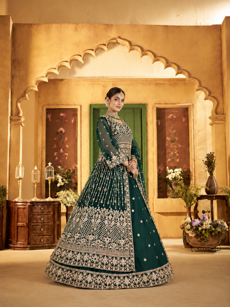 Green Festive Satin Embroidered Lehenga Set